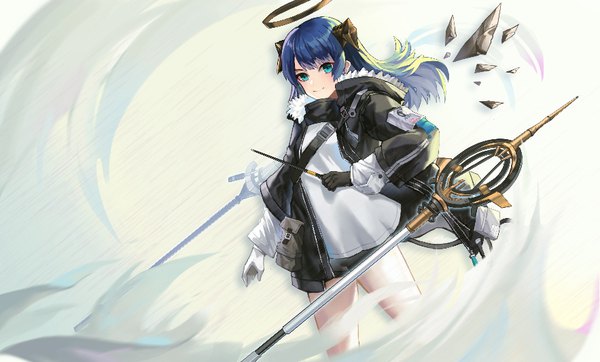 Anime picture 883x533 with arknights mostima (arknights) alan lan lan single long hair looking at viewer blue eyes smile wide image blue hair horn (horns) open jacket girl gloves jacket halo staff mismatched gloves