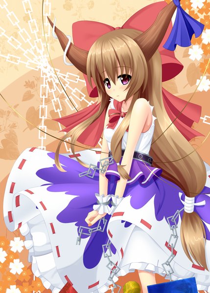 Anime picture 1072x1500 with touhou ibuki suika yoye (pastel white) single long hair tall image brown hair bare shoulders pink eyes horn (horns) girl bow hair bow chain