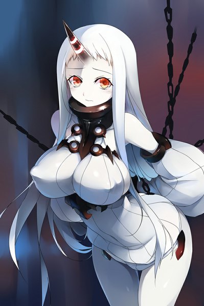 Anime picture 700x1052 with kantai collection seaport hime yostxxx single long hair tall image looking at viewer blush breasts light erotic red eyes large breasts bare shoulders white hair horn (horns) no bra leaning leaning forward tears sideboob