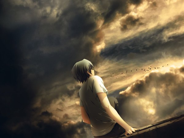 Anime picture 1600x1200 with akatsuki no goei tagme (character) tomose shunsaku short hair black hair sky cloud (clouds) grey hair from behind scenic boy animal bird (birds) t-shirt