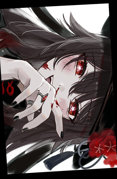 Anime picture 580x886 with genshin impact hu tao (genshin impact) code tesseract single long hair tall image looking at viewer blush fringe open mouth simple background smile hair between eyes red eyes white background payot upper body nail polish :d fingernails