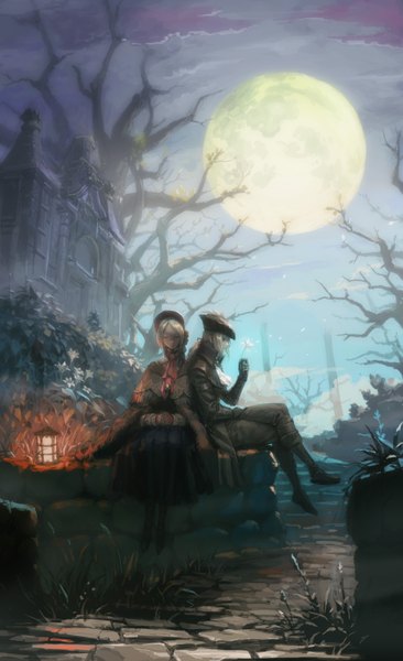Anime picture 1920x3144 with bloodborne from software lady maria of the astral clocktower plain doll loped (pixiv) long hair tall image fringe highres short hair sitting multiple girls silver hair outdoors ponytail eyes closed parted lips night crossed legs landscape