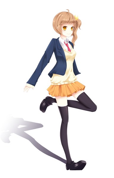 Anime picture 1000x1559 with original jellybear single long hair tall image simple background blonde hair standing white background full body shadow orange eyes zettai ryouiki side ponytail standing on one leg girl thighhighs skirt uniform black thighhighs