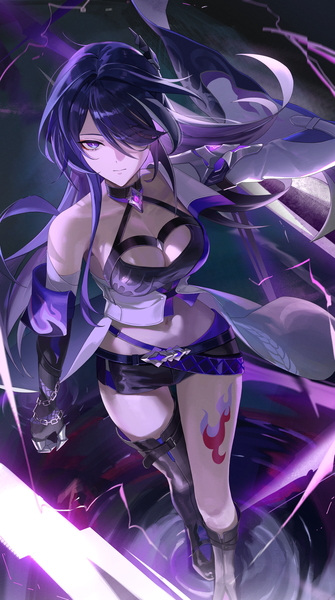 Anime picture 2283x4085 with honkai: star rail honkai (series) acheron (honkai: star rail) aimitkkays single long hair tall image looking at viewer fringe highres breasts light erotic large breasts purple eyes bare shoulders cleavage purple hair from above hair over one eye midriff