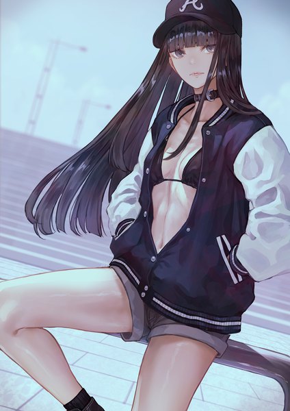 Anime picture 2894x4093 with original kaoming single long hair tall image looking at viewer fringe highres breasts light erotic black hair sitting purple eyes sky bent knee (knees) outdoors blunt bangs long sleeves partially open clothes hands in pockets