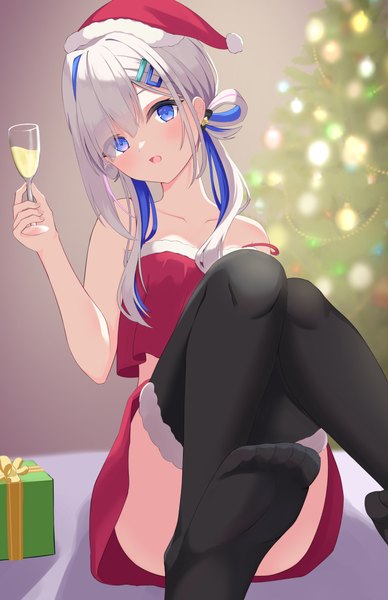 Anime picture 2468x3814 with virtual youtuber hololive amane kanata aki1462 single long hair tall image looking at viewer blush fringe highres breasts open mouth blue eyes light erotic hair between eyes bare shoulders white hair head tilt multicolored hair