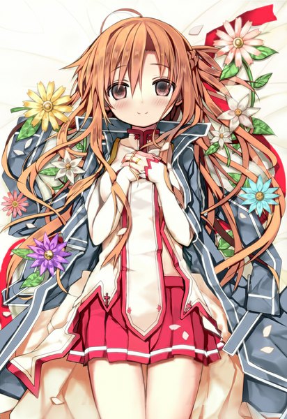 Anime picture 687x1000 with sword art online a-1 pictures yuuki asuna shino (eefy) single long hair tall image looking at viewer blush fringe brown hair brown eyes lying pleated skirt light smile girl skirt flower (flowers) petals leaf (leaves)