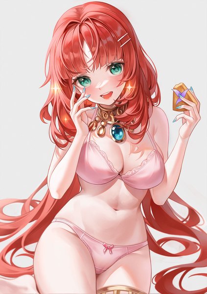 Anime picture 1443x2048 with genshin impact nilou (genshin impact) myless single long hair tall image looking at viewer breasts open mouth light erotic simple background large breasts holding red hair nail polish :d aqua eyes grey background underwear only aqua nail polish