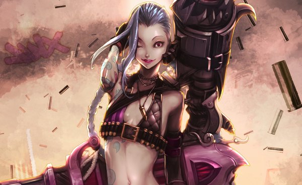 Anime picture 2348x1442 with league of legends jinx (league of legends) dutomaster single long hair looking at viewer fringe highres light erotic wide image purple eyes bare shoulders silver hair braid (braids) one eye closed wink inscription midriff tattoo lipstick