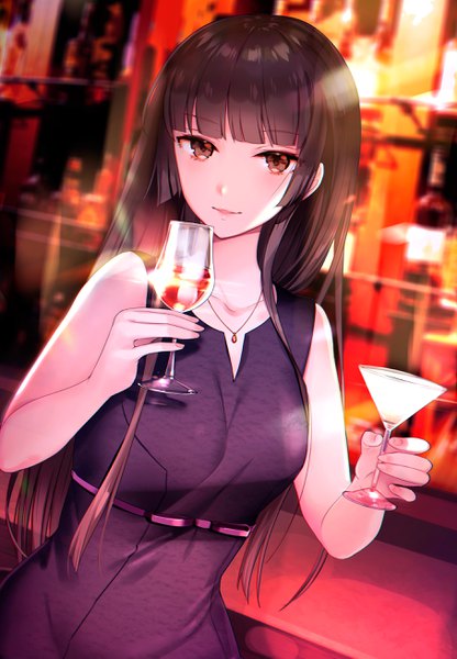 Anime picture 1816x2618 with original hayakawa akari single long hair tall image looking at viewer blush fringe highres brown hair bare shoulders holding brown eyes payot upper body indoors blunt bangs fingernails light smile depth of field