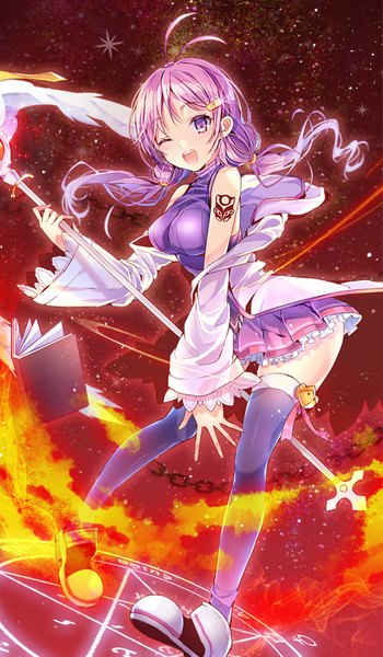 Anime picture 566x969 with elsword aisha landar elemental master (elsword) pinb single long hair tall image looking at viewer fringe open mouth standing purple eyes twintails bare shoulders holding purple hair ahoge pleated skirt one eye closed wink