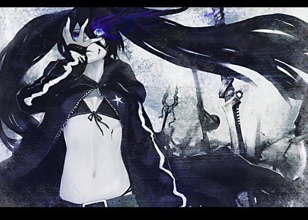 Anime picture 4051x2894 with black rock shooter black rock shooter (character) guchico single long hair looking at viewer highres blue eyes black hair twintails absurdres wind glowing monochrome scar glowing eye (eyes) girl navel weapon blood