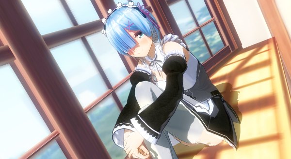 Anime picture 1200x658 with re:zero kara hajimeru isekai seikatsu white fox rem (re:zero) shidzuki single looking at viewer blush fringe short hair breasts blue eyes light erotic smile wide image sitting blue hair hair over one eye shadow maid tears