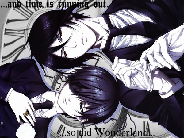 Anime picture 1280x960 with kuroshitsuji a-1 pictures sebastian michaelis ciel phantomhive looking at viewer short hair blue eyes black hair red eyes scan inscription multiple boys butler adjusting gloves boy gloves earrings necktie 2 boys ring