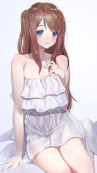 Anime picture 2302x4093 with original sonech single long hair tall image looking at viewer blush fringe highres blue eyes simple background smile brown hair sitting bare shoulders arm support thighs shiny skin gradient background body blush