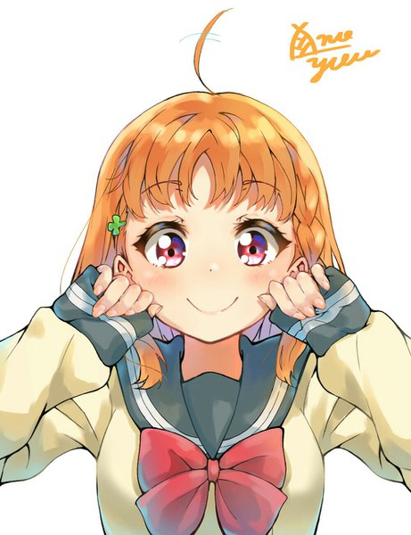 Anime picture 1000x1300 with love live! sunshine!! sunrise (studio) love live! takami chika takenoko no you single tall image looking at viewer blush short hair simple background smile white background signed upper body ahoge pink eyes orange hair sleeves past wrists girl