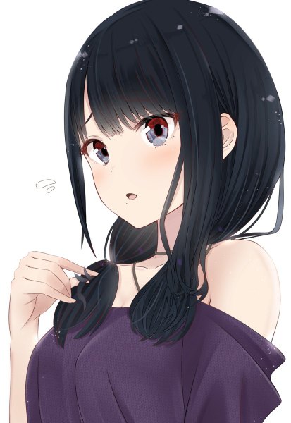 Anime picture 826x1200 with idolmaster idolmaster shiny colors kazano hiori ryouta (ryouta335) single long hair tall image blush fringe black hair simple background white background bare shoulders upper body mole grey eyes low ponytail alternate hairstyle mole under mouth playing with hair