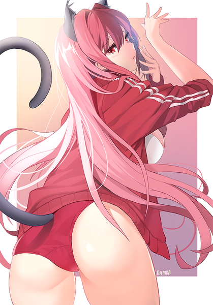 Anime picture 699x1000 with fate (series) fate/grand order scathach (fate) (all) scathach (fate) damda single long hair tall image looking at viewer blush fringe light erotic simple background hair between eyes red eyes animal ears ass red hair tail animal tail