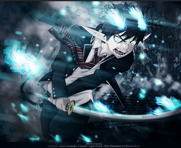 Anime picture 2000x1638 with ao no exorcist a-1 pictures okumura rin single highres short hair open mouth blue eyes black hair looking away pointy ears inscription teeth fang (fangs) glowing demon tail boy uniform weapon school uniform
