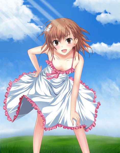 Anime picture 1490x1900 with to aru kagaku no railgun to aru majutsu no index j.c. staff misaka mikoto kamiko to seiryoku single tall image short hair open mouth brown hair brown eyes cloud (clouds) hand on hip flat chest girl sundress