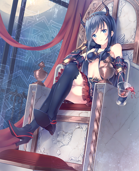 Anime picture 774x950 with original alc (ex2 lv) single long hair tall image looking at viewer blush blue eyes sitting blue hair horn (horns) crossed legs girl thighhighs black thighhighs wine glass