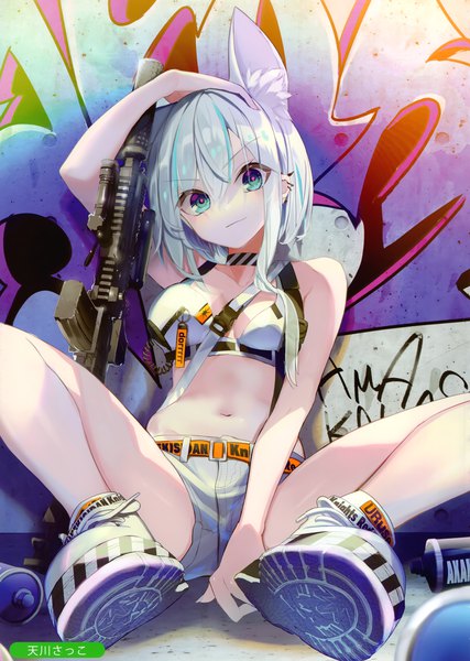 Anime picture 2105x2958 with original melonbooks nekoboshi sakko single tall image looking at viewer fringe highres short hair breasts blue eyes light erotic hair between eyes sitting signed animal ears silver hair full body head tilt multicolored hair