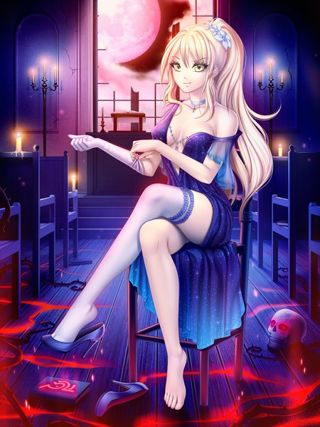 Anime picture 750x1000 with original valerie of limoges gigamessy single long hair tall image looking at viewer fringe breasts light erotic blonde hair hair between eyes sitting bare shoulders yellow eyes payot cleavage cloud (clouds) full body ponytail