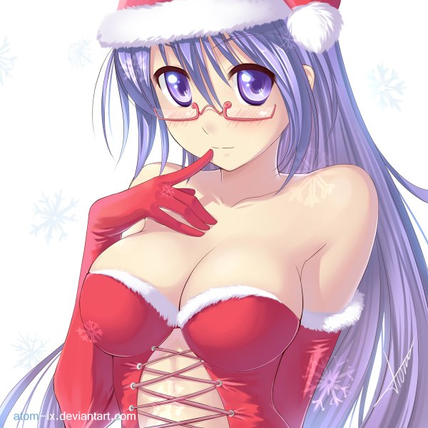 Anime picture 1200x1200 with atomix single long hair blush breasts light erotic simple background white background purple eyes cleavage purple hair fur trim lacing girl gloves glasses elbow gloves fur santa claus hat
