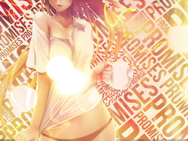 Anime picture 1600x1200 with mikazuki akira single long hair light erotic brown hair multicolored hair off shoulder inscription head out of frame no face girl underwear panties t-shirt teapot