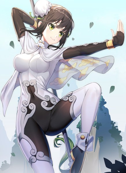 Anime picture 873x1200 with fate (series) fate/grand order qin liangyu (fate) ririko (zhuoyandesailaer) single tall image blush fringe short hair breasts light erotic black hair smile standing holding green eyes payot looking away outdoors arm up