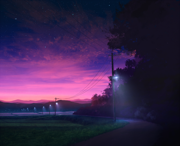 Anime picture 1480x1200 with original mks night shadow night sky evening sunset mountain no people scenic glow field plant (plants) tree (trees) star (stars) grass lantern power lines road lamppost