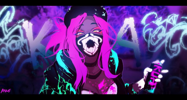 Anime picture 1859x1000 with league of legends k/da (league of legends) akali (league of legends) k/da akali panza single long hair looking at viewer highres wide image signed yellow eyes payot pink hair upper body ponytail letterboxed eyeshadow graffiti ultraviolet light