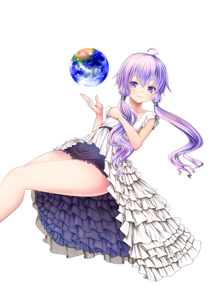 Anime picture 707x1000 with vocaloid yuzuki yukari as (niconico) single long hair tall image looking at viewer blush purple eyes twintails purple hair low twintails transparent background girl dress frills hair tubes planet earth