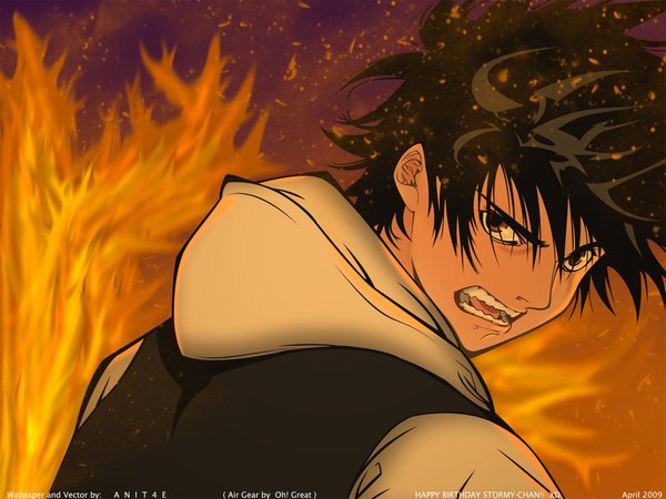 Anime picture 2048x1536 with air gear toei animation minami itsuki highres brown hair brown eyes boy fire anit4e