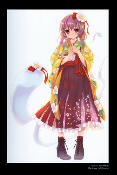 Anime picture 2000x2988 with touhou hieda no akyuu cradle (artist) single tall image blush highres short hair white background purple eyes purple hair japanese clothes hair flower loli border girl hair ornament bow ribbon (ribbons) shoes