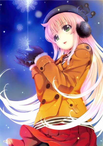 Anime picture 2110x3000 with original mikazuki akira single long hair tall image highres open mouth blonde hair green eyes scan from below double buttons girl skirt gloves black gloves jacket headphones beret buttons