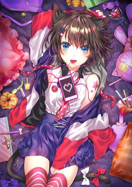 Anime picture 2480x3508 with original routo (rot 0) single tall image looking at viewer blush fringe highres short hair open mouth blue eyes brown hair animal ears tail animal tail cat ears open jacket cat girl cat tail tail ribbon