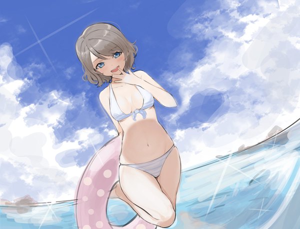 Anime picture 2000x1532 with love live! sunshine!! sunrise (studio) love live! watanabe you sharpheon single looking at viewer highres short hair breasts open mouth blue eyes light erotic sky cloud (clouds) grey hair sparkle leg lift (legs lift) hand to mouth fisheye