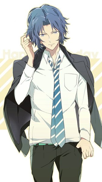 Anime picture 450x803 with prince of tennis yukimura seiichi nic (kevin) single tall image looking at viewer purple eyes blue hair open collar hand in pocket happy birthday boy uniform school uniform necktie