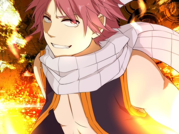 Anime picture 1024x768 with fairy tail natsu dragneel oyatunoousama single looking at viewer short hair smile pink hair upper body pink eyes grin boy scarf vest