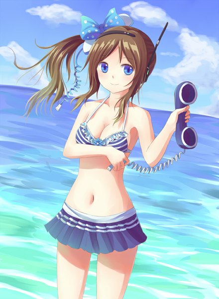 Anime picture 733x1000 with original suikakitsu shiro single long hair tall image looking at viewer blush blue eyes smile bare shoulders cleavage ponytail bare belly side ponytail striped girl skirt navel hair ornament bow