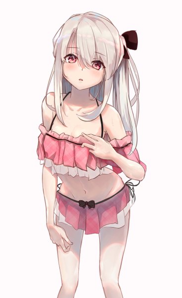 Anime picture 1615x2640 with fate (series) fate/kaleid liner prisma illya illyasviel von einzbern wata0933 single long hair tall image looking at viewer blush fringe open mouth light erotic simple background hair between eyes red eyes standing white background bare shoulders payot silver hair