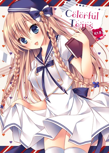 Anime picture 647x906 with original traene (sorai shin'ya) sorai shin'ya single long hair tall image looking at viewer blush fringe open mouth blue eyes blonde hair smile hair between eyes payot braid (braids) :d twin braids text alternate hairstyle