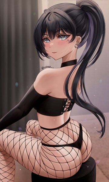 Anime picture 1440x2400 with original wonnikon single long hair tall image looking at viewer blush fringe blue eyes light erotic black hair hair between eyes sitting signed ahoge ass ponytail indoors looking back multicolored hair