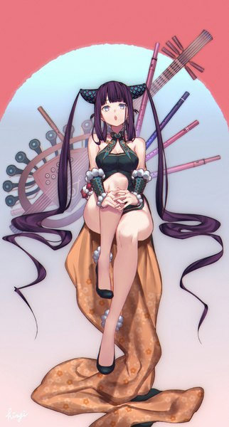 Anime picture 1000x1860 with fate (series) fate/grand order yang guifei (fate) kibou single tall image looking at viewer fringe blue eyes light erotic sitting twintails purple hair blunt bangs very long hair traditional clothes bare legs chinese clothes side slit convenient leg