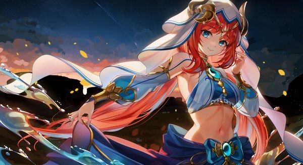 Anime picture 3366x1830 with genshin impact nilou (genshin impact) chen ying (alan-yut) single long hair looking at viewer highres blue eyes smile wide image twintails upper body red hair night midriff low twintails girl navel detached sleeves veil