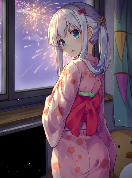 Anime picture 890x1200 with eromanga sensei a-1 pictures izumi sagiri huwari (dnwls3010) single long hair tall image looking at viewer blush fringe open mouth standing payot sky silver hair cloud (clouds) indoors traditional clothes japanese clothes looking back