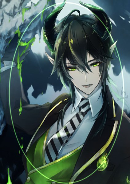 Anime picture 1416x2006 with twisted wonderland malleus draconia yuzurb single long hair tall image fringe black hair hair between eyes green eyes signed upper body horn (horns) pointy ears fang (fangs) twitter username striped boy necktie