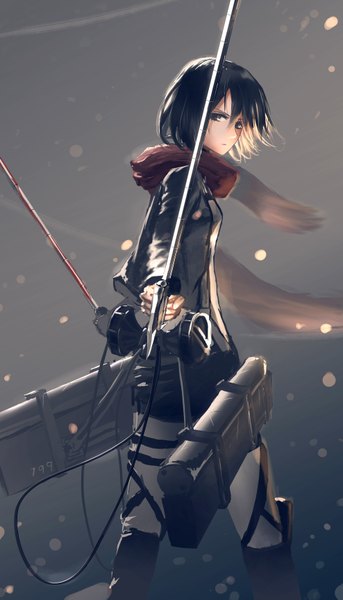 Anime picture 1975x3453 with shingeki no kyojin production i.g mikasa ackerman kayas single tall image looking at viewer fringe highres black hair standing holding black eyes back dual wielding bloody weapon girl uniform weapon sword