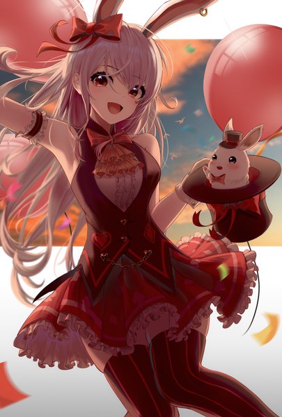 Anime picture 2500x3700 with original bexercube single long hair tall image looking at viewer blush fringe highres open mouth smile hair between eyes red eyes standing holding animal ears payot sky silver hair cloud (clouds)
